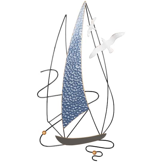 Blue Metal Sailboat Wall Decor with Black Wire Frame and White Bird Accents